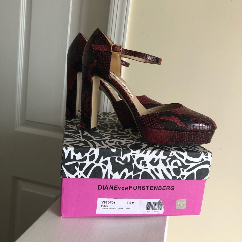DVF Mika Platform Heels in Oxblood/Embossed Python